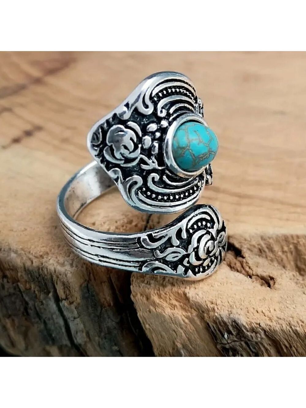Boho Rose and Flowers with Faux Turquoise Adjustable Spoon Ring #1221 - Picture 5 of 16